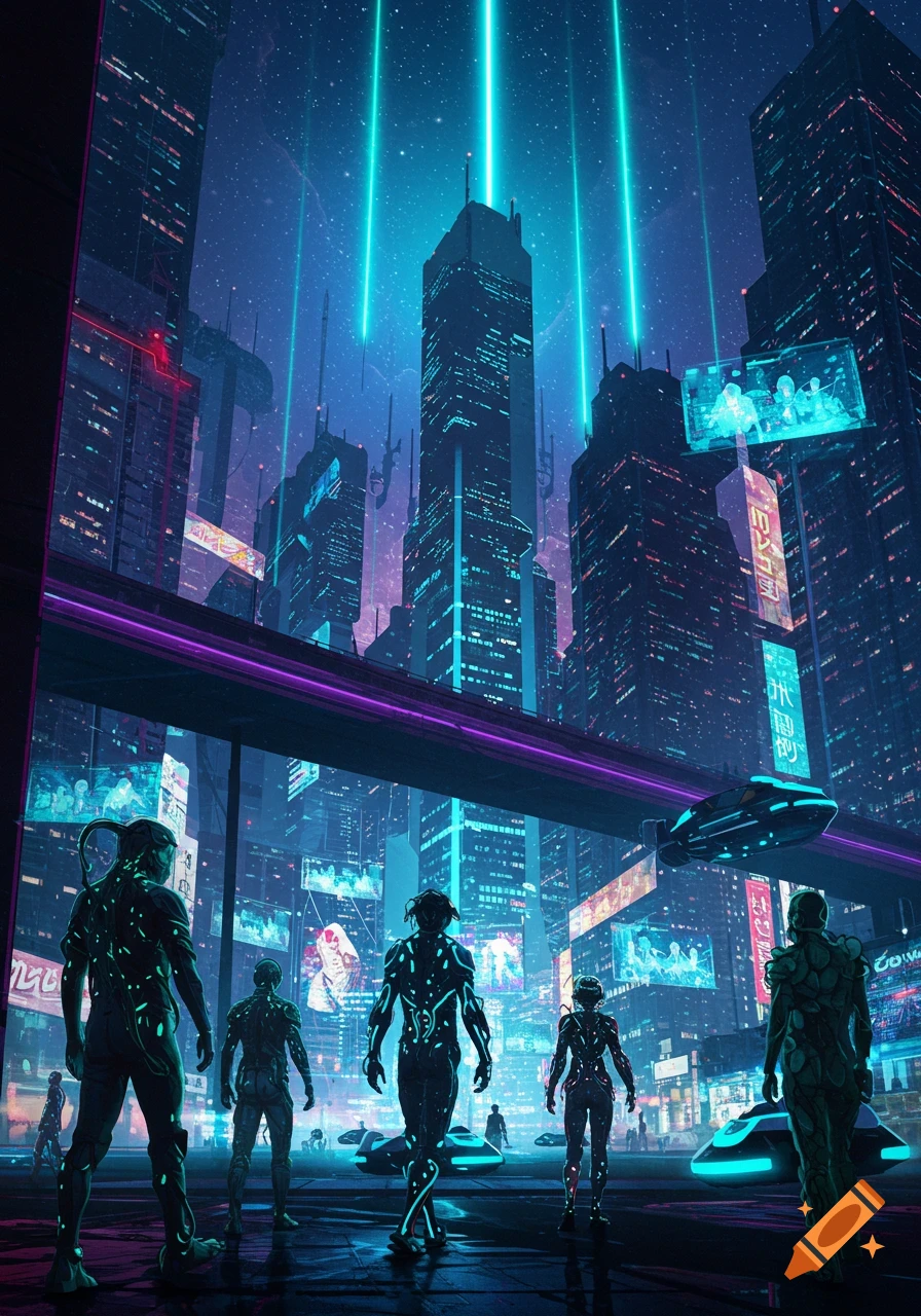 People in glowing suits stand in a vibrant, neon-lit futuristic city with towering skyscrapers and flying vehicles at night.