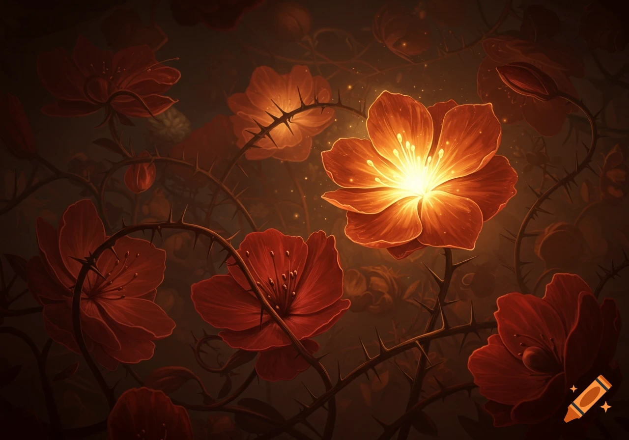Ethereal dark fantasy image of glowing orange-red flowers intertwined with thorny vines.