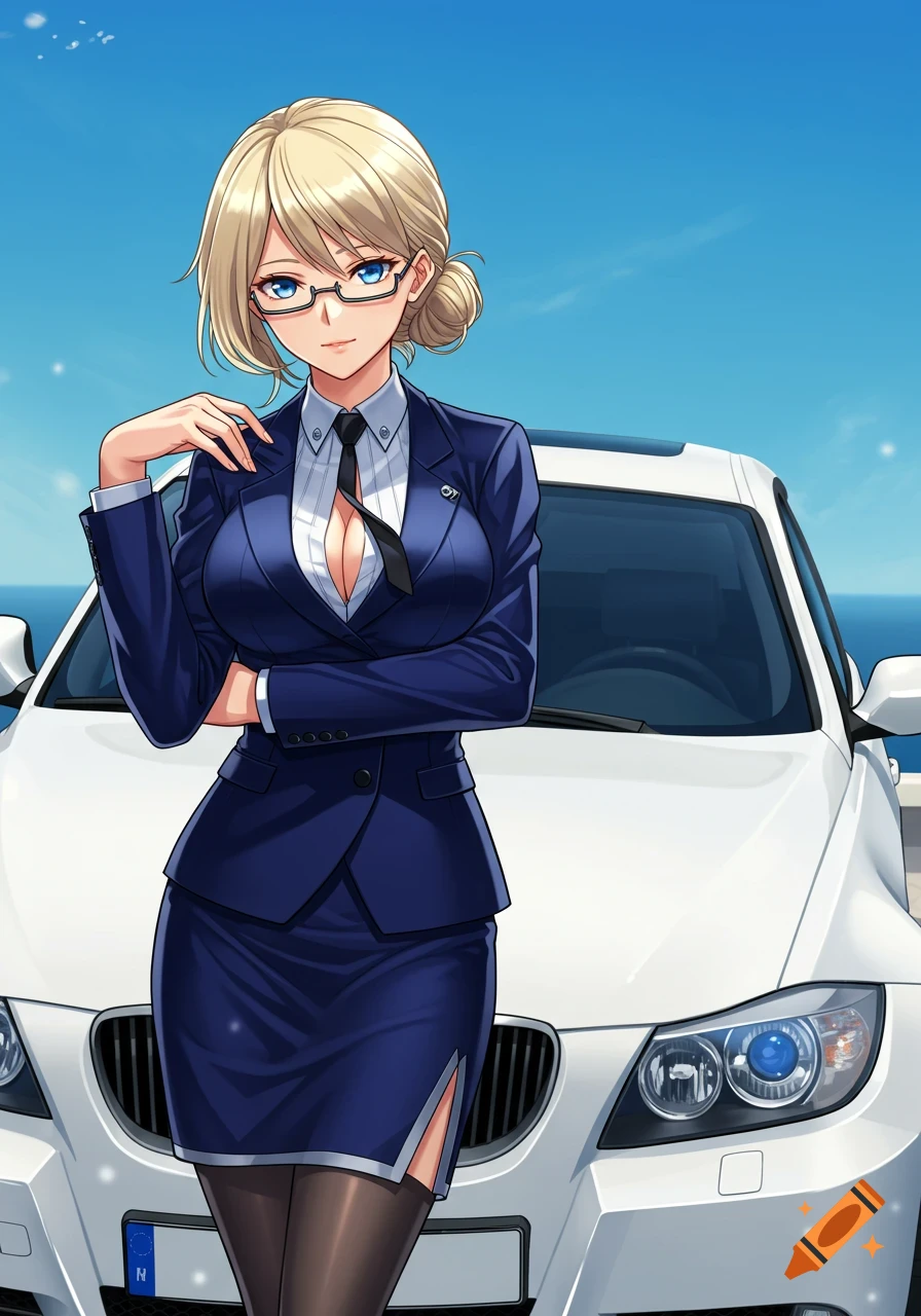 A blonde anime woman with glasses and a low-cut business suit stands in front of a white BMW E90 under a blue sky.
