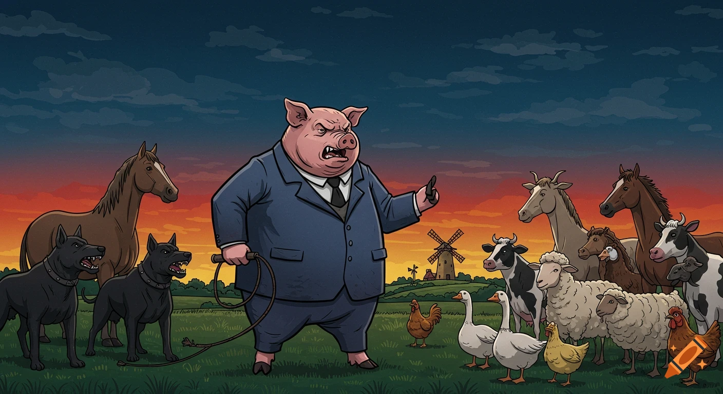 Cartoon illustration of an angry pig in a suit holding a whip, speaking to fearful farm animals in a field at sunset.
