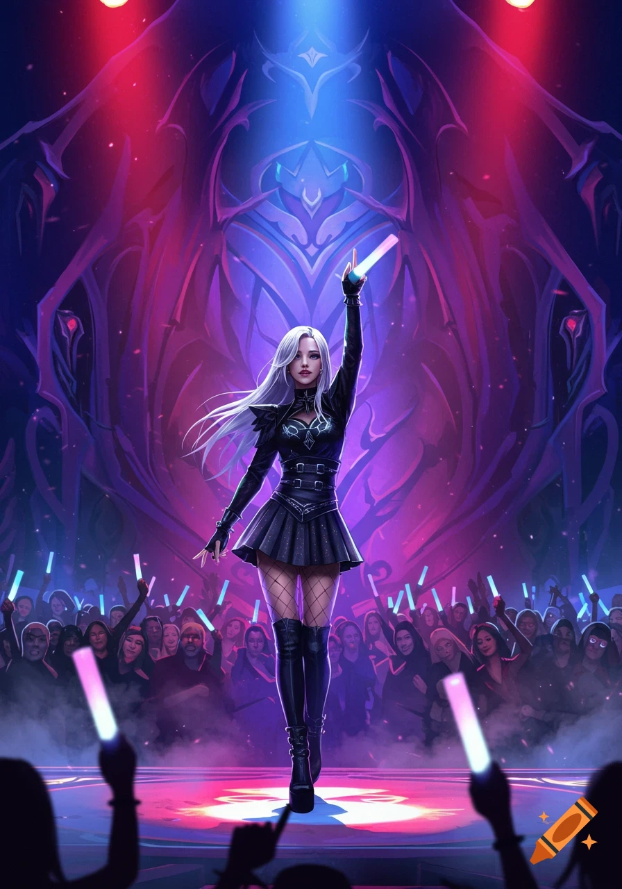 A white-haired woman in a black outfit performs on a vibrant stage, raising a glowing light stick to a cheering crowd.