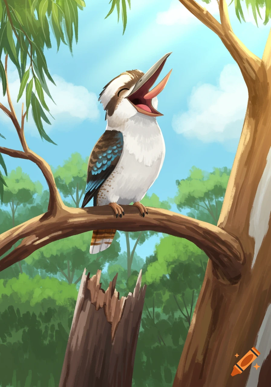 Cheerful cartoon kookaburra laughing on a gum tree branch in the Australian bush. Kid-friendly illustration style.