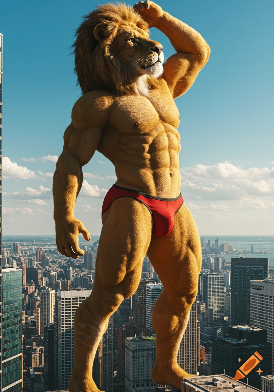 Photorealistic image of a gigantic, muscular anthropomorphic lion in a red speedo, stretching and towering over a tiny city.