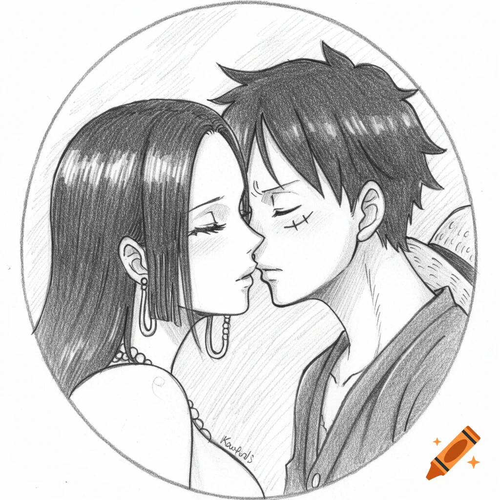 Pencil sketch of Luffy and Hancock from One Piece, leaning in for a kiss.