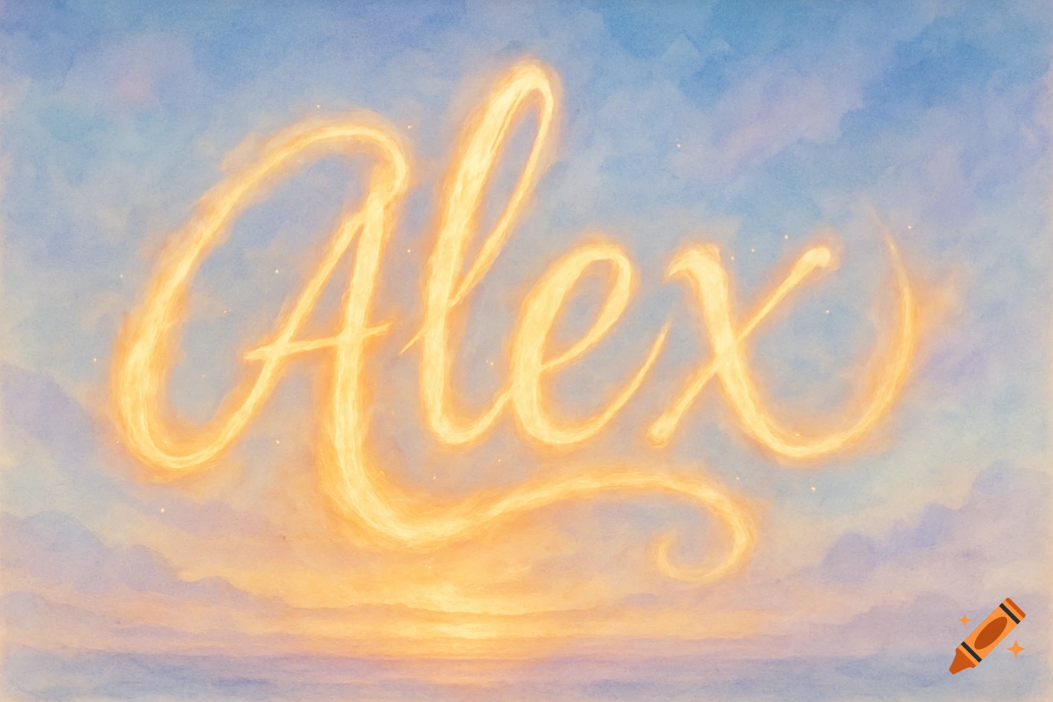 The name 'Alex' written in glowing, golden, cloud-like script across a blue and orange watercolor sky.