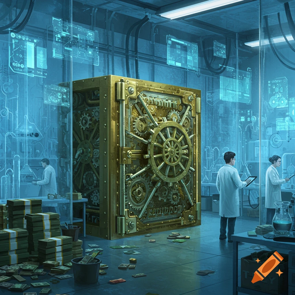 A futuristic lab with researchers, a large golden safe, and scattered money, featuring holographic interfaces.
