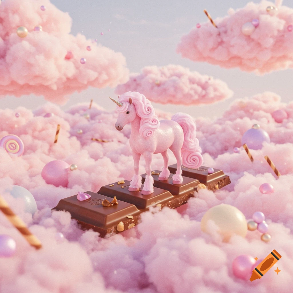 A sparkly pink unicorn stands on chocolate bars amidst fluffy pink cotton candy clouds with candies floating around.