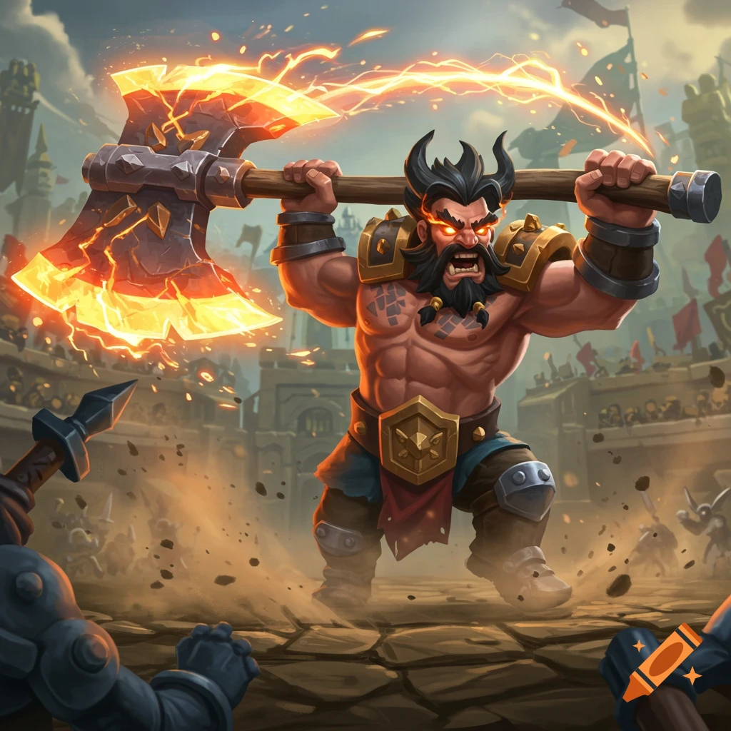 A muscular, bearded warrior with glowing eyes raises a flaming axe in a stylized arena, roaring in battle.