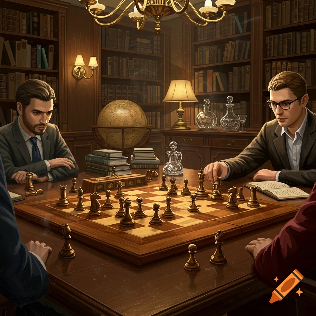 Two men play chess at a wooden table in a dimly lit library with bookshelves and a globe. One man moves a chess piece.