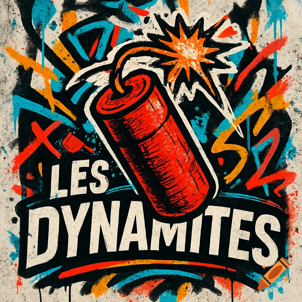 Stylized logo 'Les Dynamites' with a red dynamite stick exploding against a vibrant graffiti-style background.