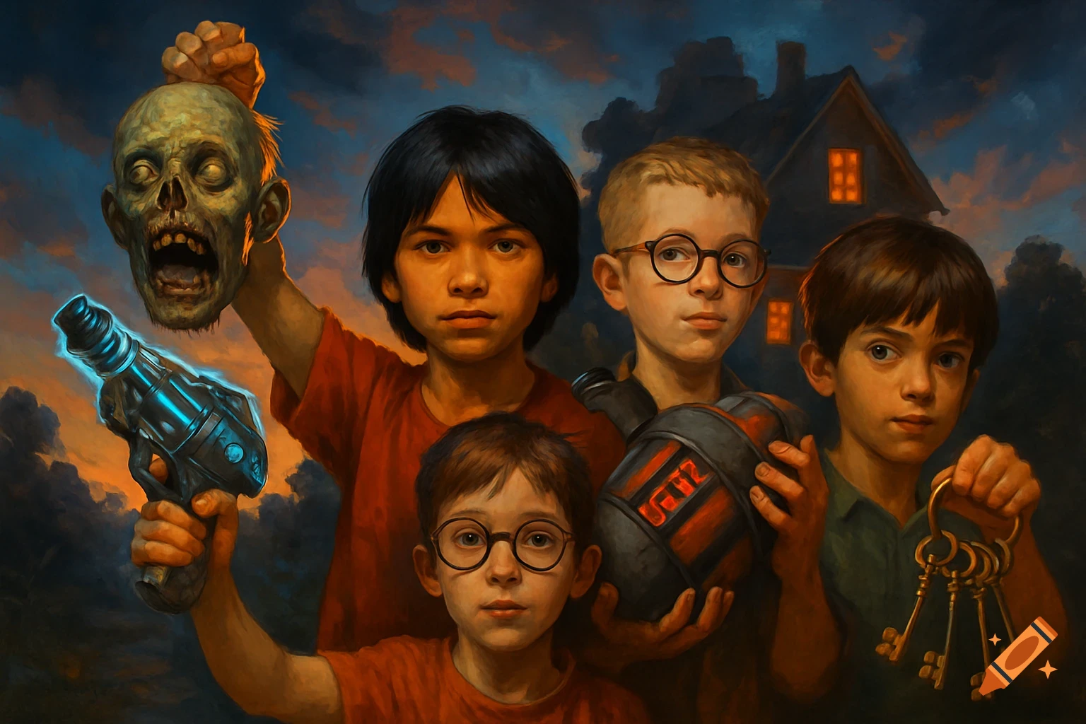 Four boys: one holds a zombie head and glowing gun, another a bomb, a third keys, with a house in the background. Painted style.