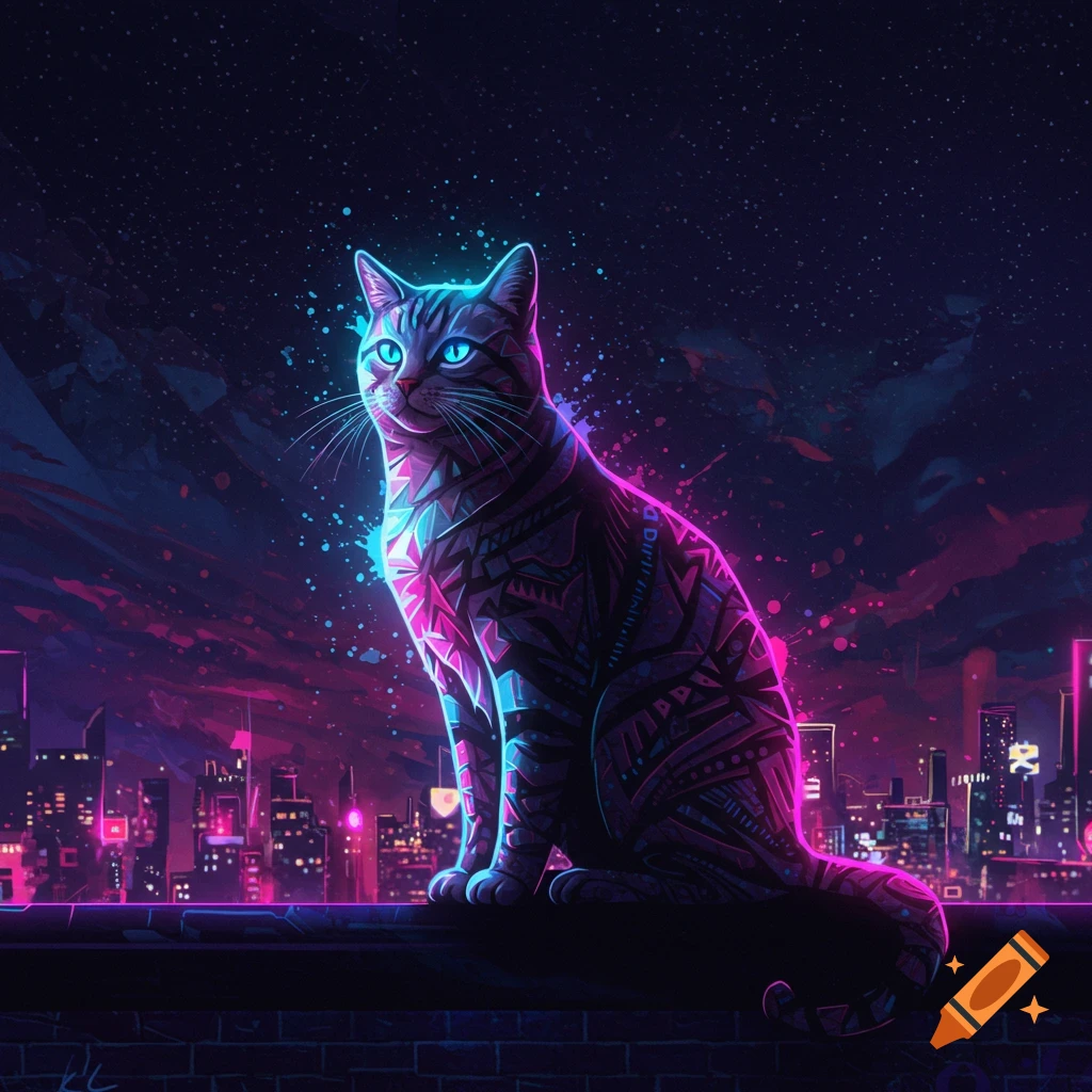 A stylized neon cat with glowing blue eyes and pink and blue patterns sits on a rooftop overlooking a cyberpunk city at night.
