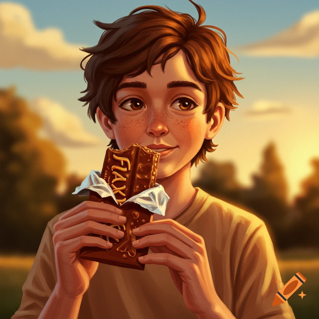 Stylized illustration of a boy with freckles eating a chocolate bar in a sunny outdoor setting.