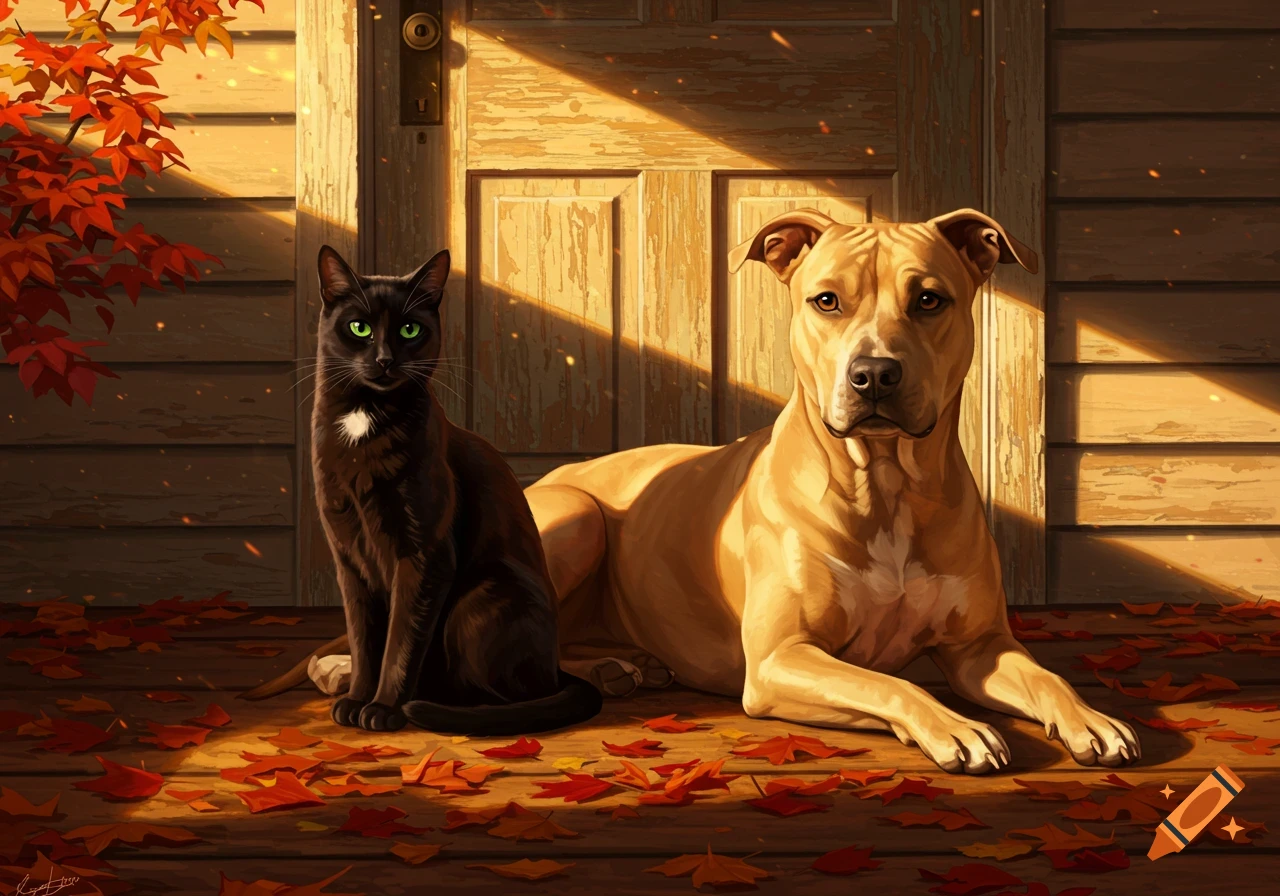 A black cat with green eyes sits next to a tan pitbull dog lying on a sunlit wooden porch covered in red autumn leaves.