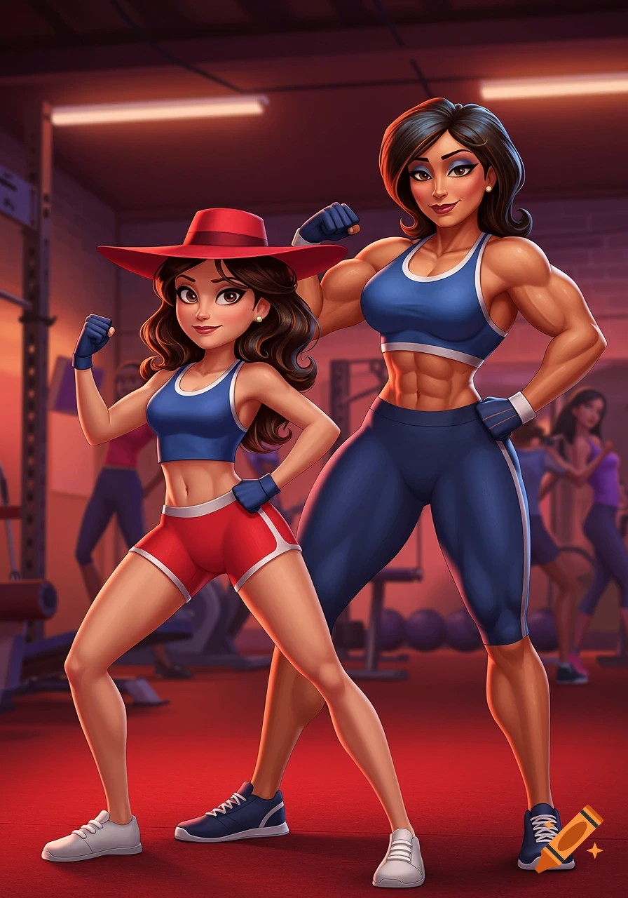 A cartoon of a muscular woman and a slimmer woman flexing their muscles in a gym.