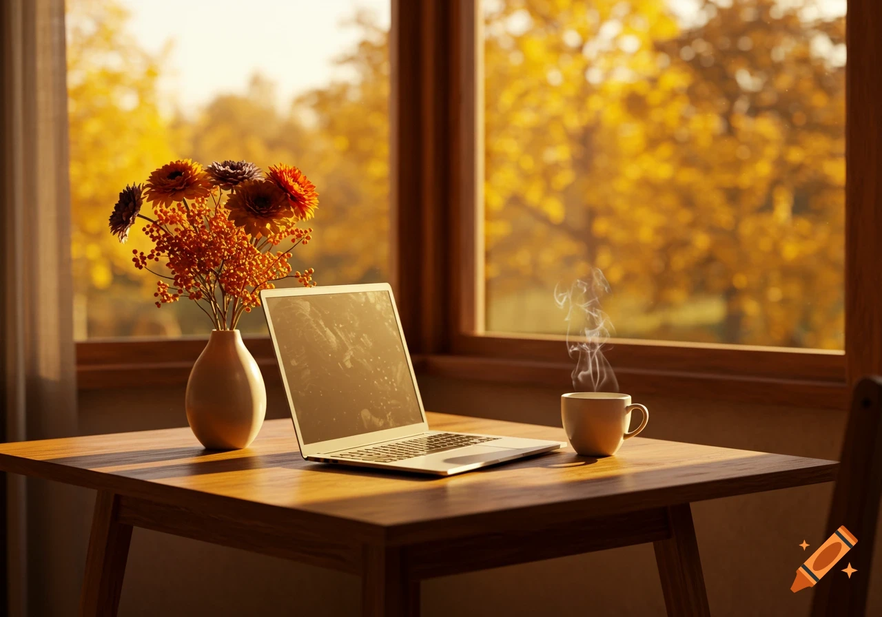 A cozy, sunlit autumn scene with a laptop, fall flowers, and steaming coffee on a wooden table by a window overlooking yellow trees.