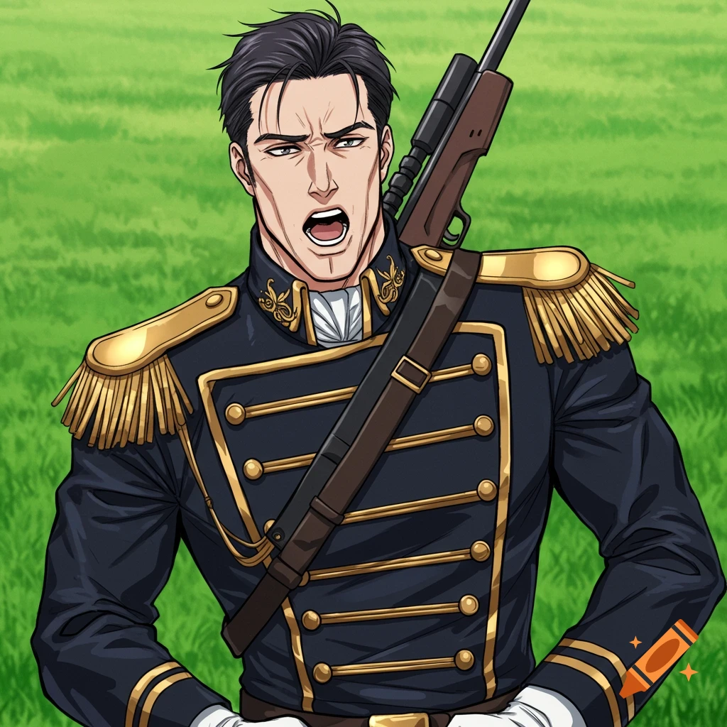 A stern anime man in a dark blue military uniform with gold trim and a rifle on his back, yelling in a green field.