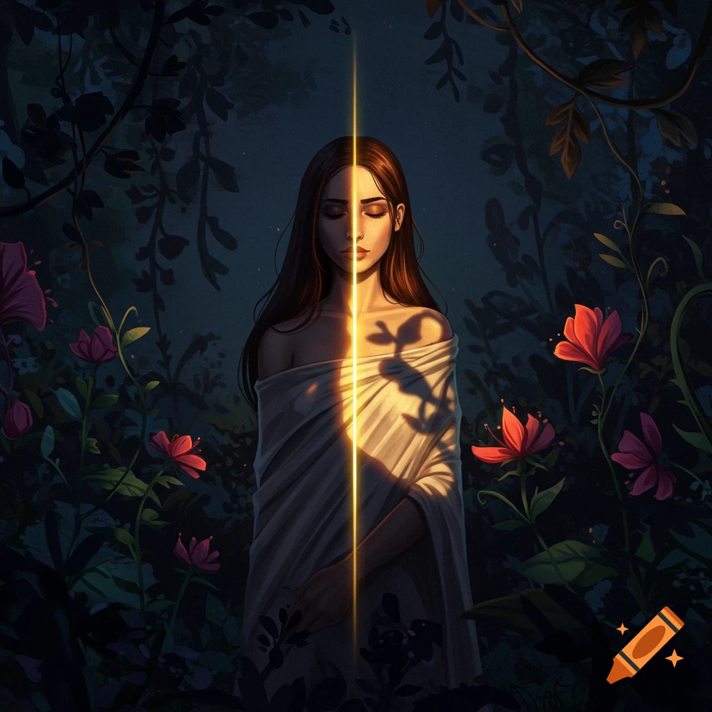 A woman with closed eyes stands in a dark, mystical forest, half illuminated by a golden vertical light beam, surrounded by red flowers. Stylized art.