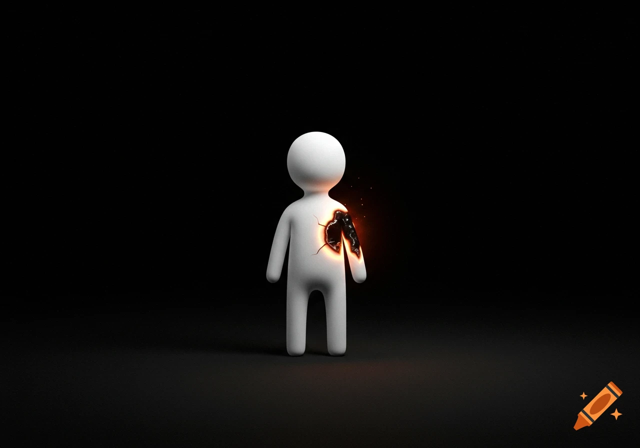 A white stylized figure with a glowing, cracked, and burning mark on its right chest, against a dark background.
