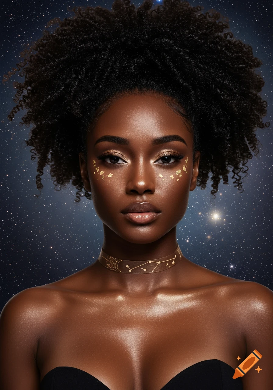 Ultra-realistic portrait of a young Black woman with coily hair, gold facial accents, and a constellation choker, against a starry cosmic background.