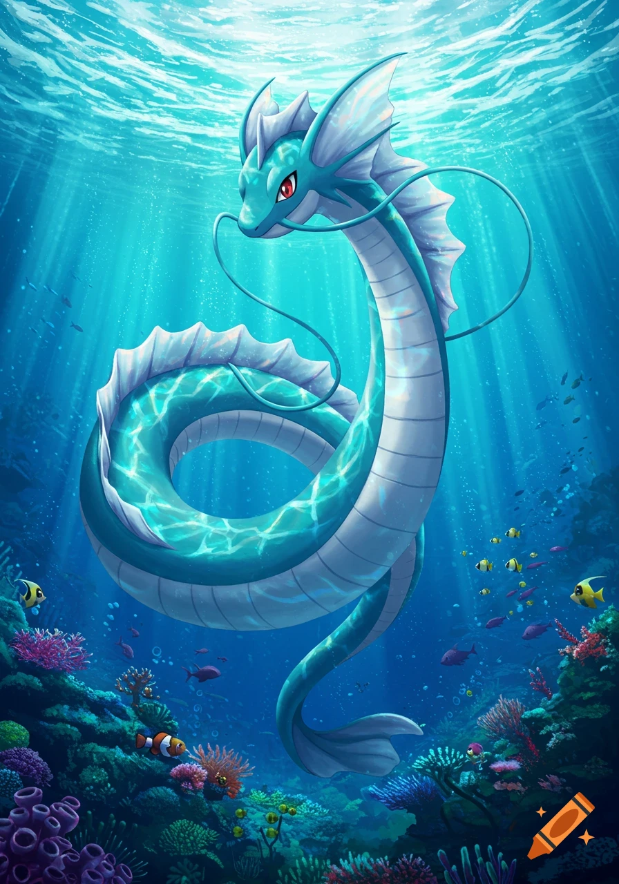 A vibrant digital illustration of a majestic turquoise water dragon swimming through a colorful coral reef under sunlit ocean waves.