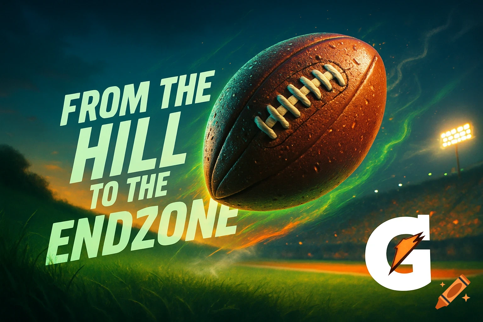 A wet football flies over a stadium field at night with glowing green and orange trails, the slogan 'FROM THE HILL TO THE ENDZONE', and a Gatorade logo.