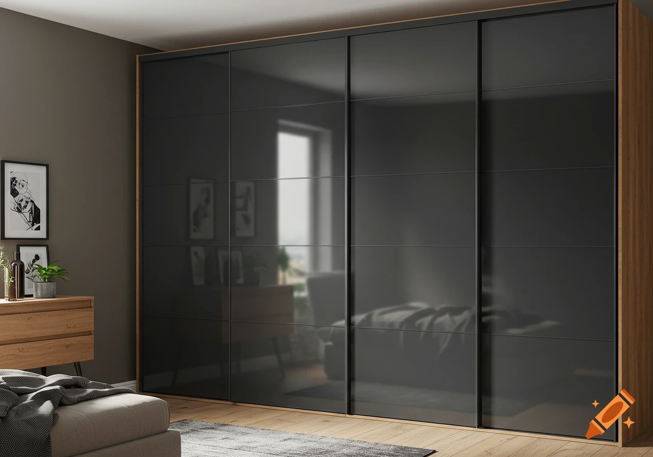 Modern bedroom featuring a dark gray sliding door wardrobe, wooden bedside table with framed art, and a neatly made bed.