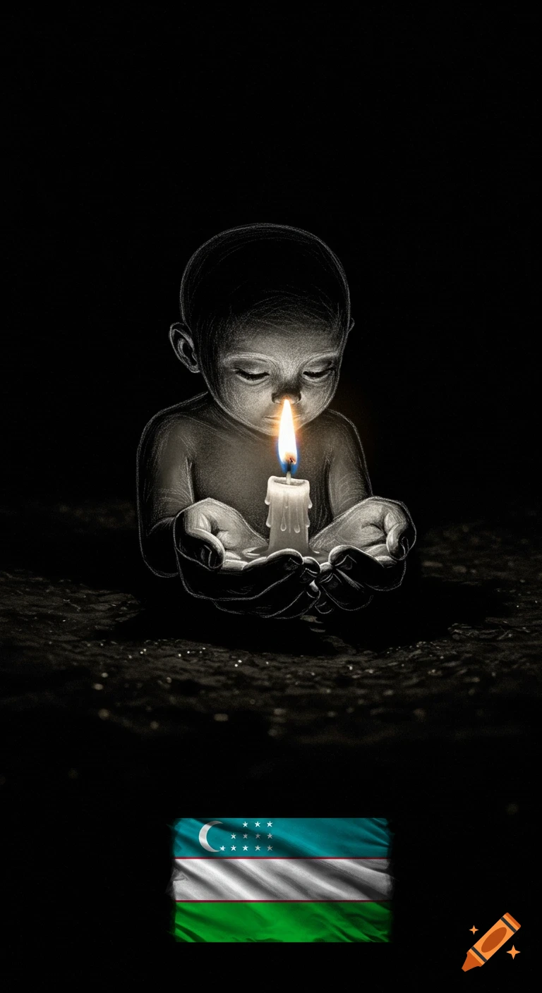 A dramatic pencil sketch of a stylized person holding a glowing candle in darkness, with the Uzbek flag below.