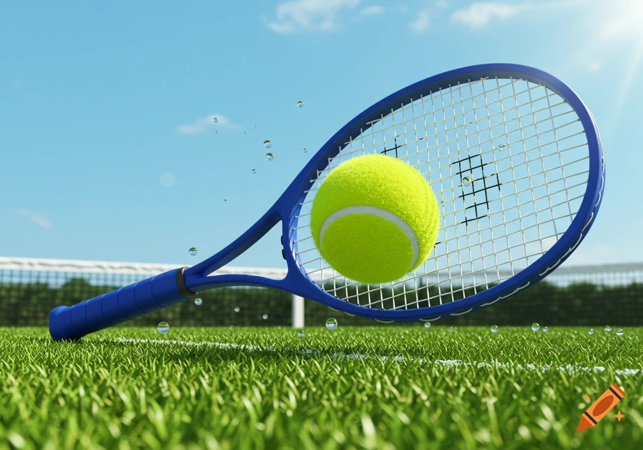 A blue tennis racket hitting a bright yellow tennis ball, captured mid-air with water droplets, over a tennis court with grass.