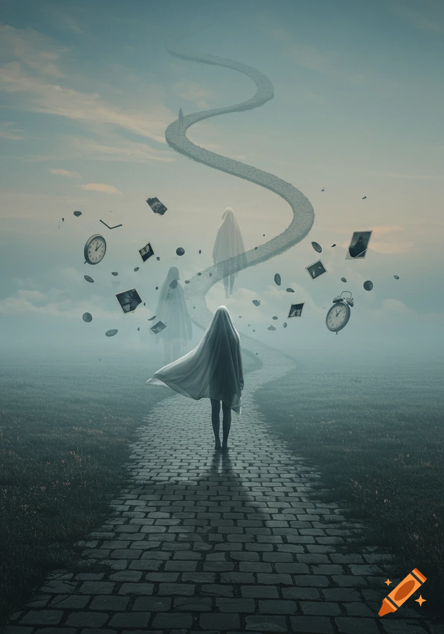 A figure in a white sheet walks on a cobbled path towards a winding road disappearing into a foggy sky, surrounded by floating clocks and photographs.