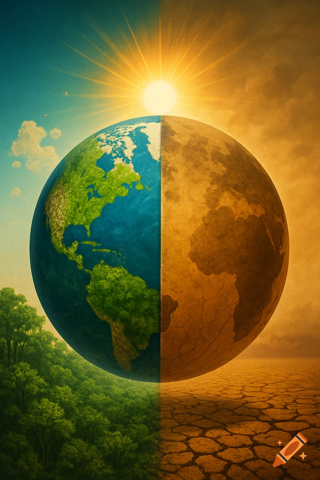 A planet Earth divided: one side lush and green with blue oceans, the other dry, cracked, and barren under a blazing sun.