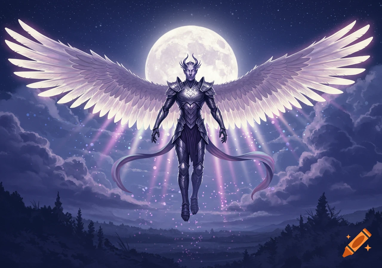 A horned, armored fantasy figure with large white wings floats before a full moon in a starry night sky, with glowing light rays.