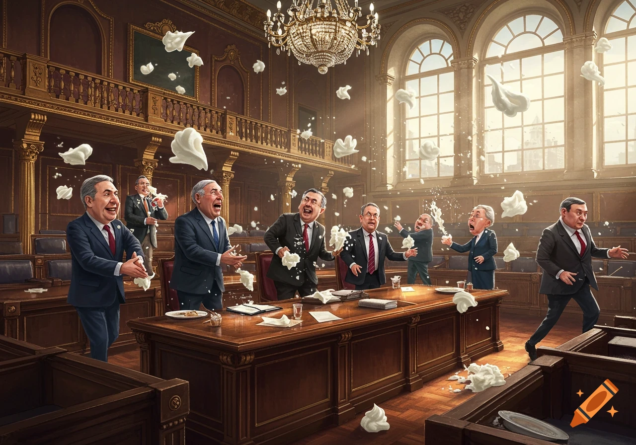 Cartoon of politicians in a grand hall having a whipped cream fight, laughing and splattering cream.