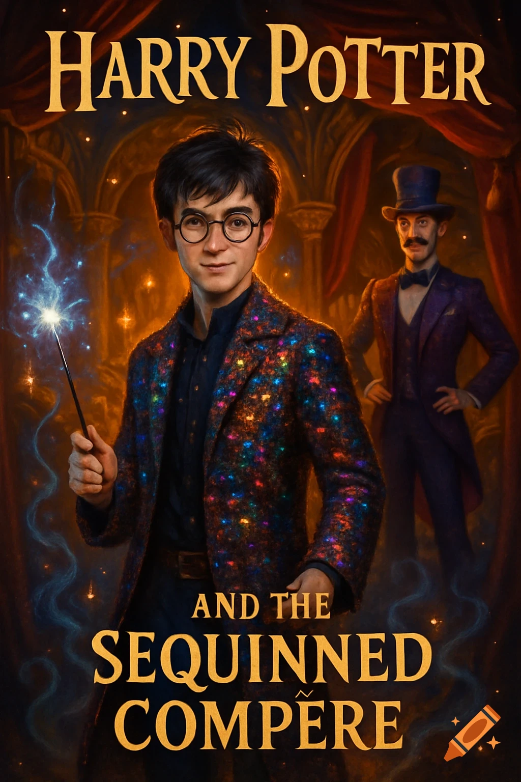 Illustrated book cover of a young man like Harry Potter in a sequined jacket, holding a glowing wand, with a man in a top hat in the background.