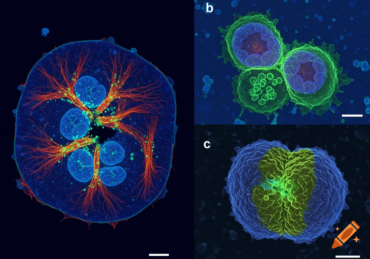 Fluorescent micrographs of animal cells during mitosis and cytokinesis, showing detailed internal structures and processes with various colors.