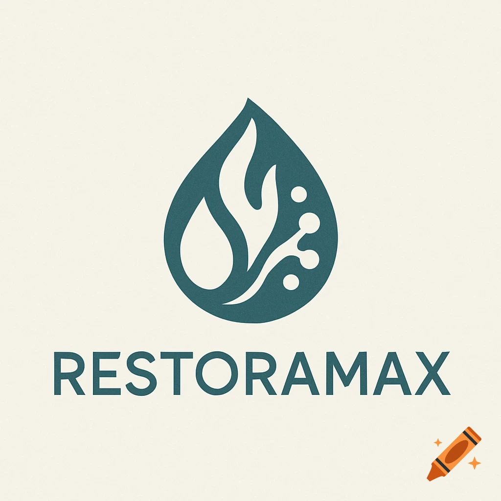 A minimalist dark teal logo featuring a water drop, flame, and bubbles, with 'RESTORAMAX' below.