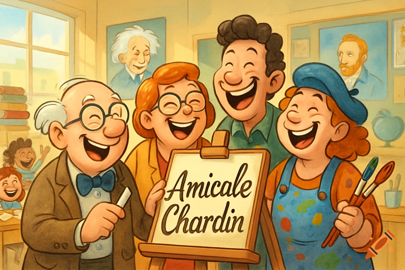 A cheerful cartoon illustration of five adults and children laughing, with an easel displaying 'Amicale Chardin' in a classroom setting.