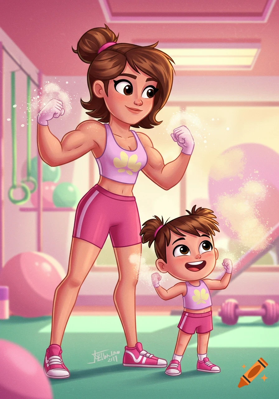 Cartoon of a smiling mother and daughter flexing muscles in a pink gym.