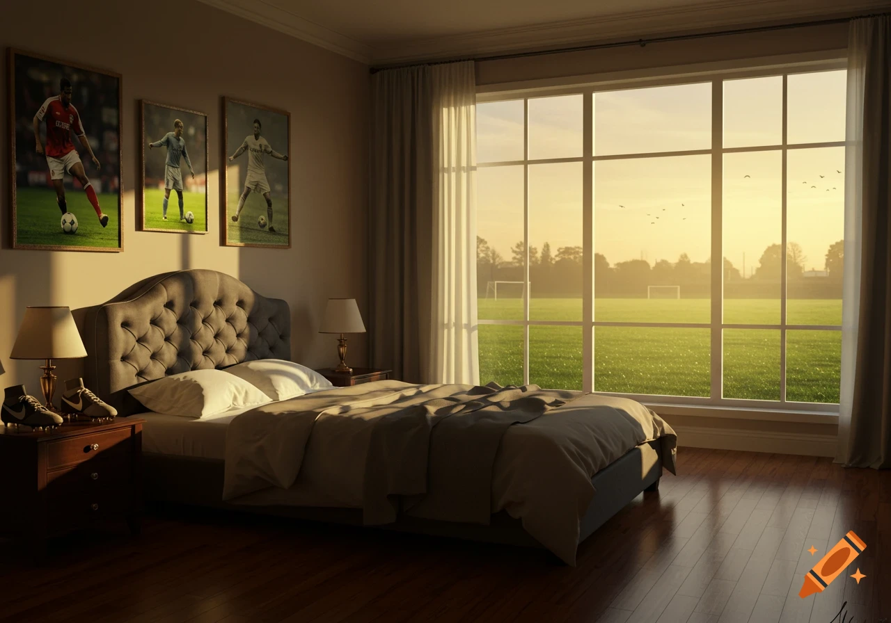 A sunlit bedroom with a bed and two nightstands. Three framed paintings of soccer players hang above the bed. A large window overlooks a vibrant green soccer field at sunrise. A pair of soccer cleats sit on one nightstand.