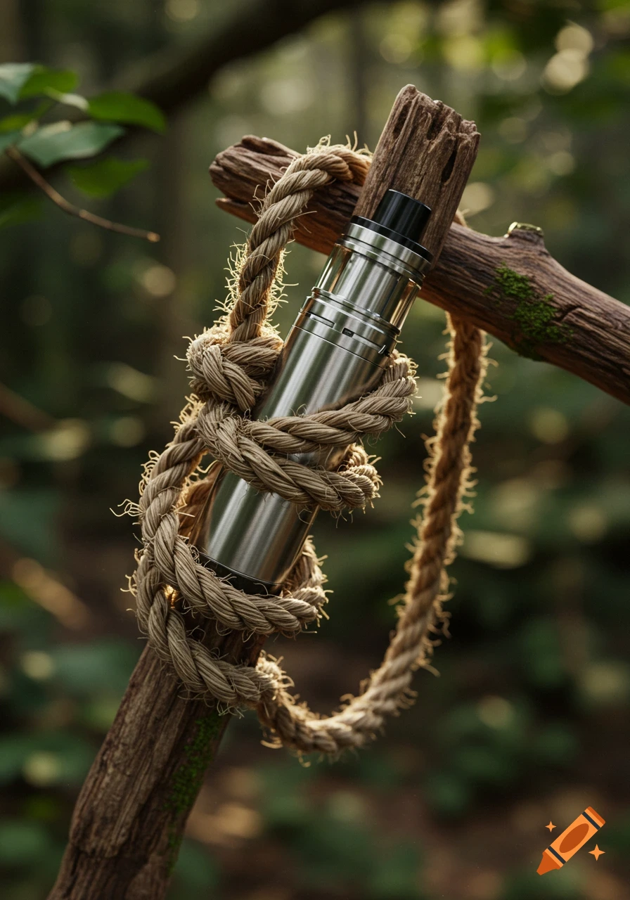 Photorealistic image of a silver vape device wrapped in thick rope, tied to a rustic wooden stick in a forest.