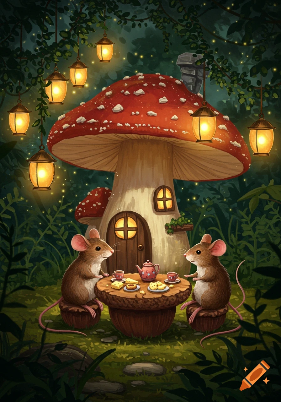 Two cartoon mice have a tea party at a small table outside a whimsical mushroom house with glowing lanterns.