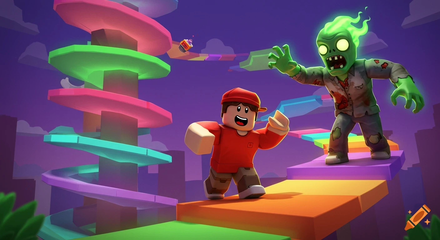 A blocky Roblox character is chased by a flaming green zombie on colorful spiraling platforms in a purple sky, in a 3D game style.