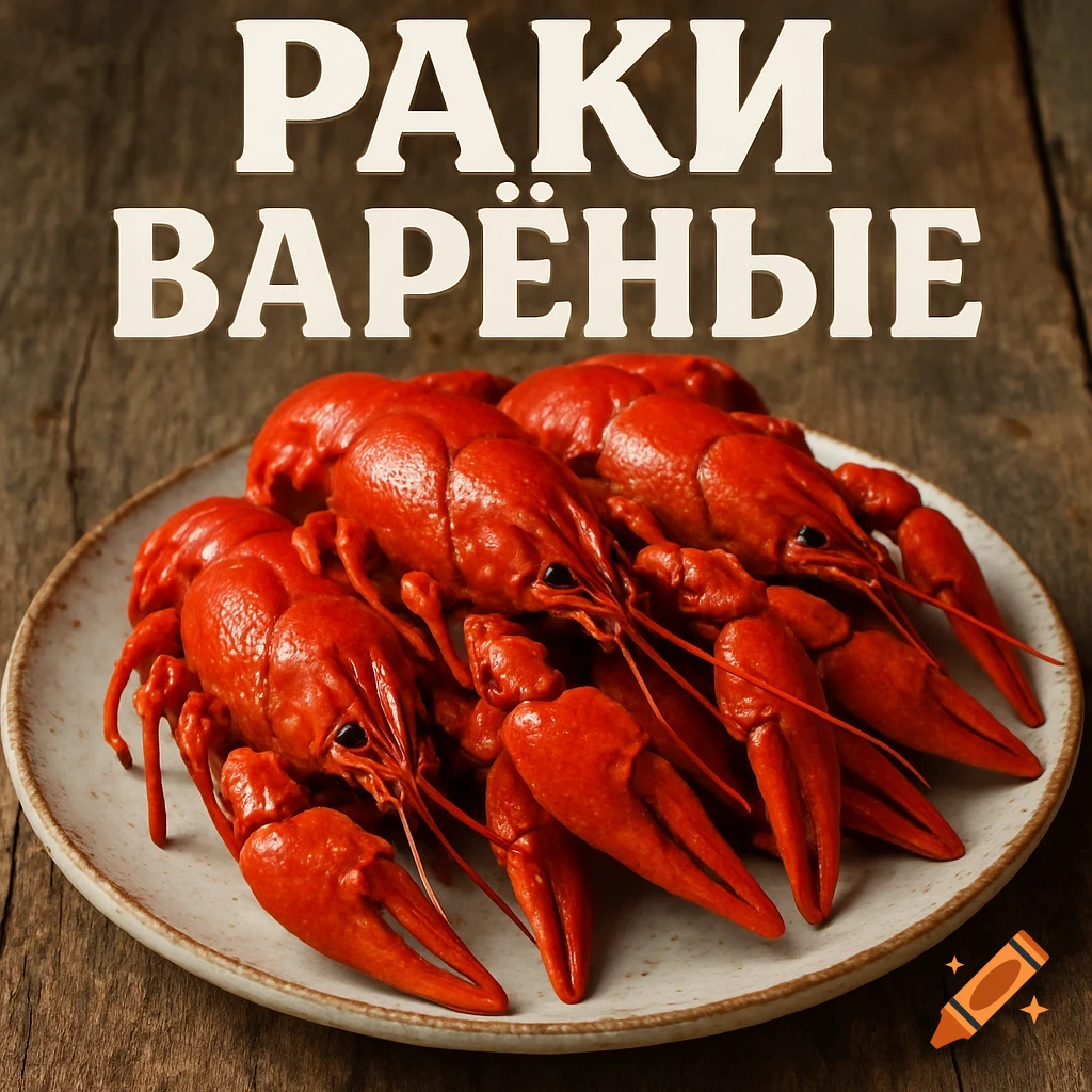 Plate of red boiled crawfish on a wooden table with 'РАКИ ВАРЁНЫЕ' text above.