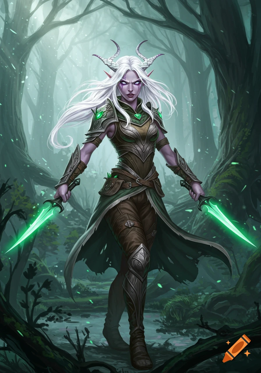 White-haired demi-elf warrior with purple eyes and horns, clad in green and brown armor, holding two glowing green daggers in a misty forest.