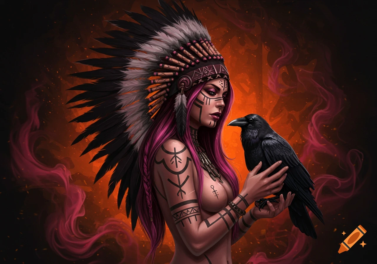 Mystical woman with pink hair, feather headdress, and tribal tattoos, holding a black raven, against a fiery background.