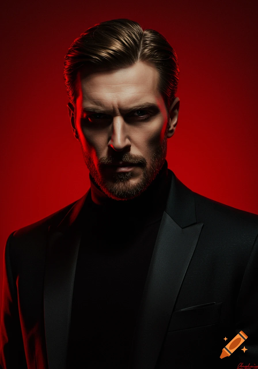 A serious man with a beard in a black turtleneck and blazer against a red background, lit with dramatic cinematic lighting.