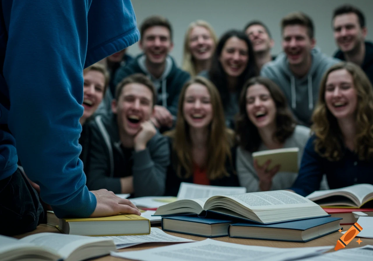 POV shot of a student in a blue hoodie looking down at scattered books, with blurred laughing students in the background.