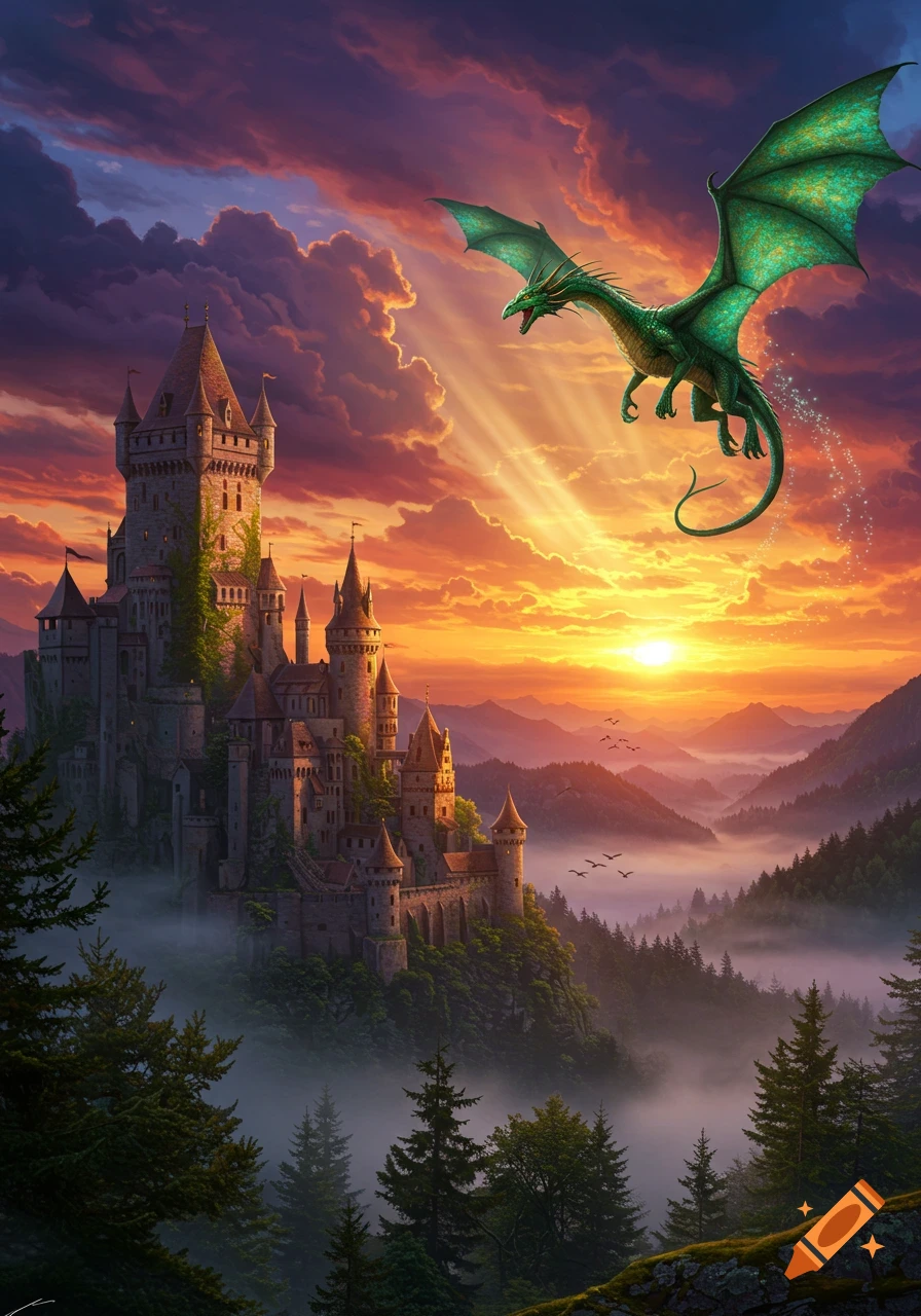 A vibrant green dragon soars over a majestic castle on a misty mountain, bathed in a dramatic sunset glow.