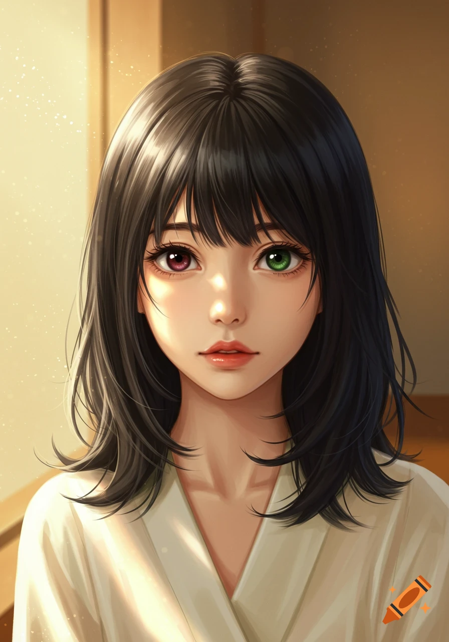 Anime portrait of a young girl with black hair, a bob haircut, and heterochromatic eyes (one red, one green).