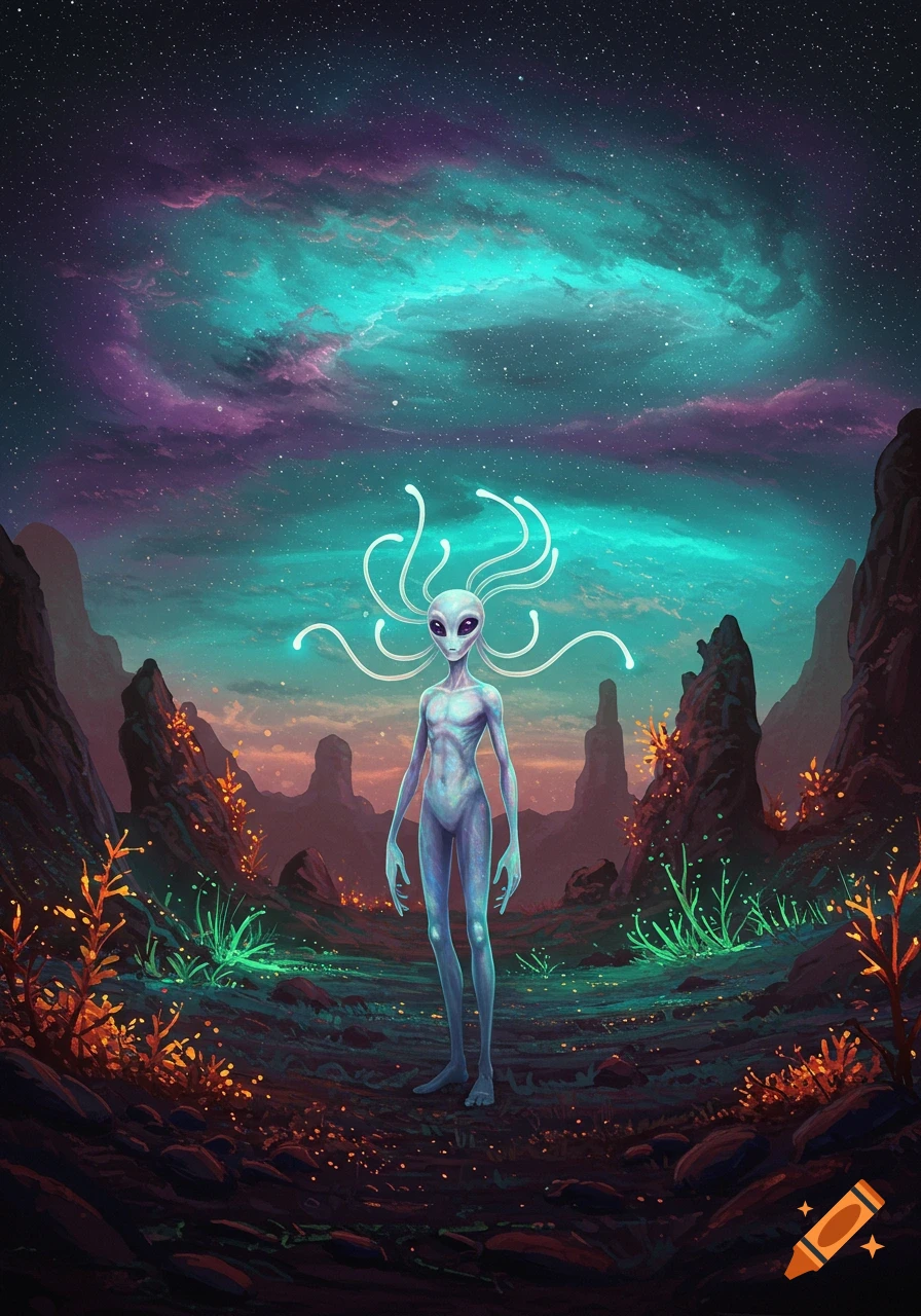 A gray alien with glowing tendril-like hair stands in an otherworldly landscape under a vibrant turquoise and purple nebula sky.